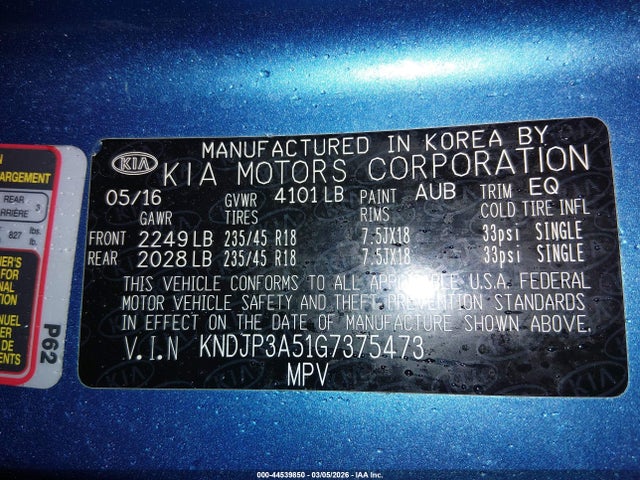 KIA SOUL + 2016 KNDJP3A51G7375473 Image 9
