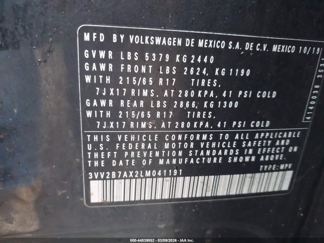 Продаж на аукціоні авто 2020 Volkswagen Tiguan 2.0t Se/2.0t Se R-line Black/2.0t Sel, vin: 3VV2B7AX2LM041191, номер лоту: 44539852