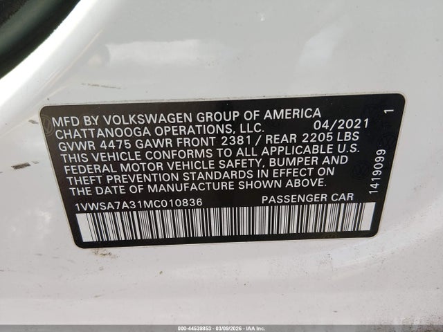 Aukcja sprzedaży 2021 Volkswagen Passat 2.0t Se, vin: 1VWSA7A31MC010836, numer aukcji: 44539853