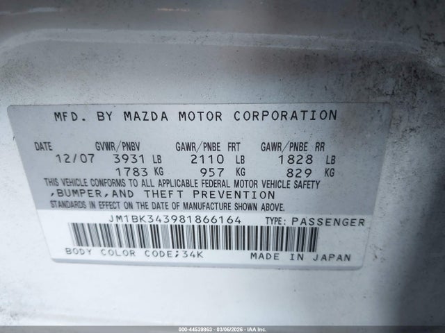Aukcja sprzedaży 2008 Mazda Mazda3 S Sport, vin: JM1BK343981866164, numer aukcji: 44539863