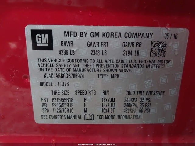 44539954 :رقم المزاد ، KL4CJASB0GB706974 vin ، 2016 Buick Encore مزاد بيع
