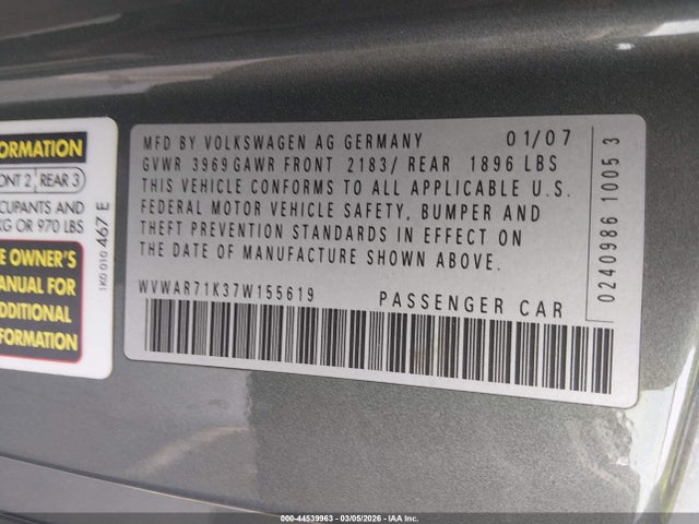 44539963 :رقم المزاد ، WVWAR71K37W155619 vin ، 2007 Volkswagen Rabbit 2-door مزاد بيع