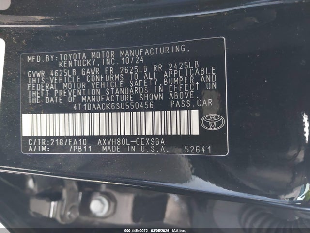 Aukcja sprzedaży 2025 Toyota Camry Se, vin: 4T1DAACK6SU550456, numer aukcji: 44540072