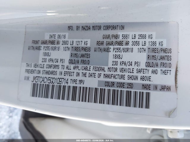 Aukcja sprzedaży 2016 Mazda Cx-9 Touring, vin: JM3TCACY5G0109714, numer aukcji: 44540075