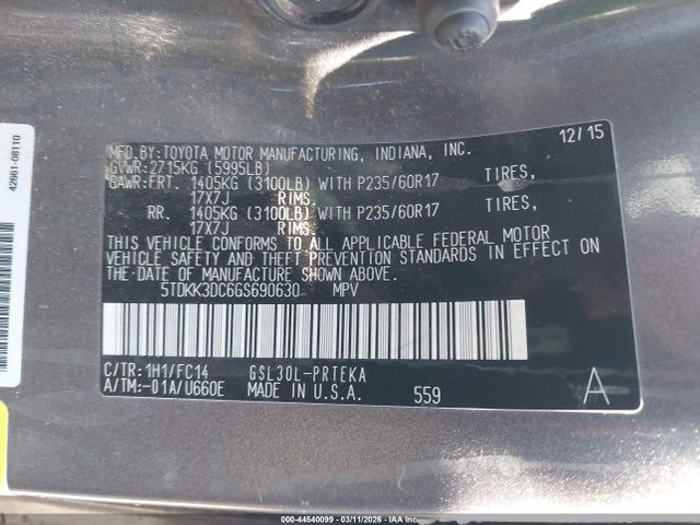 5TDKK3DC6GS690630 Toyota Sienna Le 8 Passenger