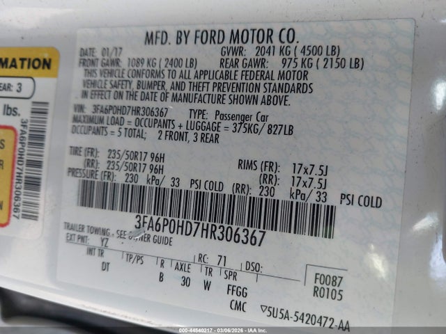 Ford FUSION SE 2017 3FA6P0HD7HR306367 Image 9