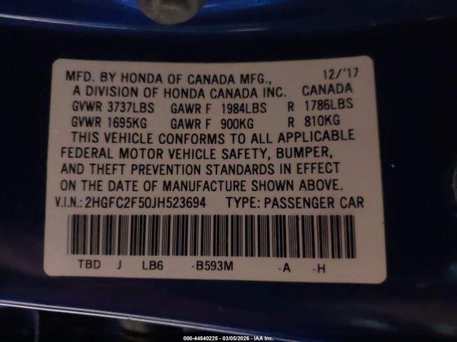 Aukcja sprzedaży 2018 Honda Civic Lx, vin: 2HGFC2F50JH523694, numer aukcji: 44540225