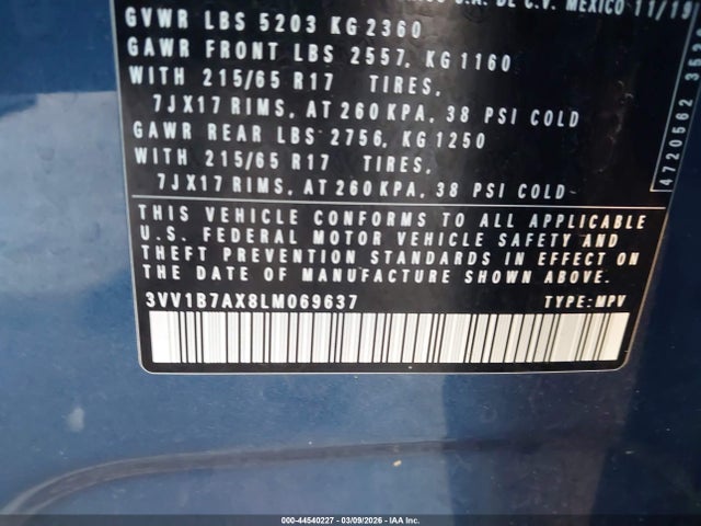 2020 Volkswagen Tiguan 2.0t S მანქანა იყიდება აუქციონზე, vin: 3VV1B7AX8LM069637, აუქციონის ნომერი: 44540227