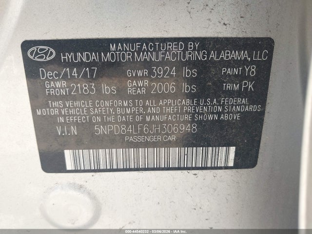 44540232 :رقم المزاد ، 5NPD84LF6JH306948 vin ، 2018 Hyundai Elantra Sel مزاد بيع