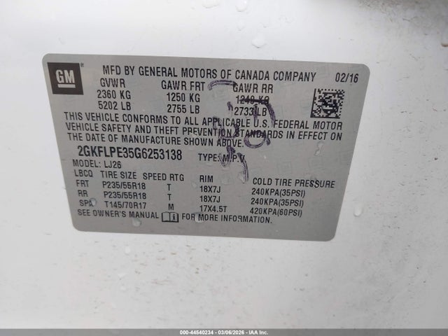 Aukcja sprzedaży 2016 Gmc Terrain Slt, vin: 2GKFLPE35G6253138, numer aukcji: 44540234