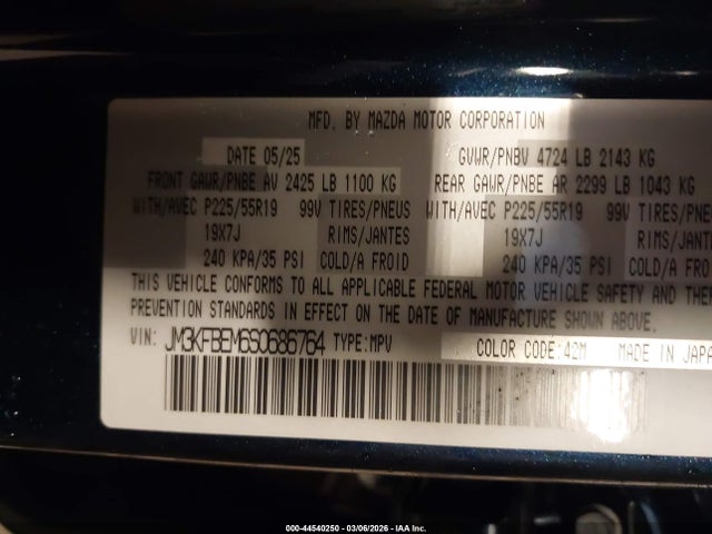 Продаж на аукціоні авто 2025 Mazda Cx-5 2.5 S Premium Plus, vin: JM3KFBEM6S0686764, номер лоту: 44540250