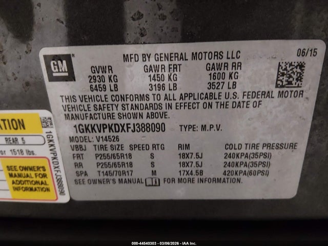 44540303 :رقم المزاد ، 1GKKVPKDXFJ388090 vin ، 2015 Gmc Acadia Sle-2 مزاد بيع