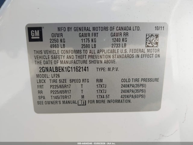 2012 Chevrolet Equinox Ls მანქანა იყიდება აუქციონზე, vin: 2GNALBEK1C1162141, აუქციონის ნომერი: 44540346