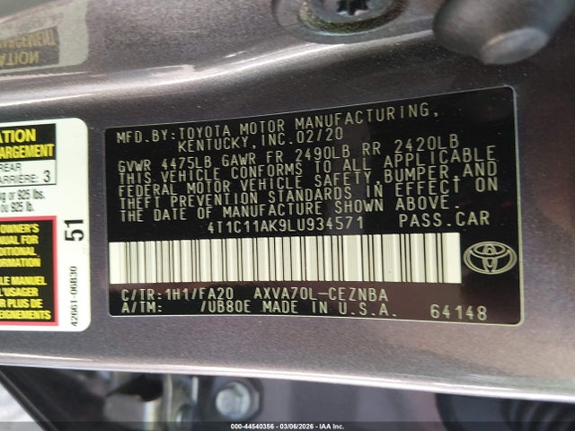 Aukcja sprzedaży 2020 Toyota Camry Le, vin: 4T1C11AK9LU934571, numer aukcji: 44540356