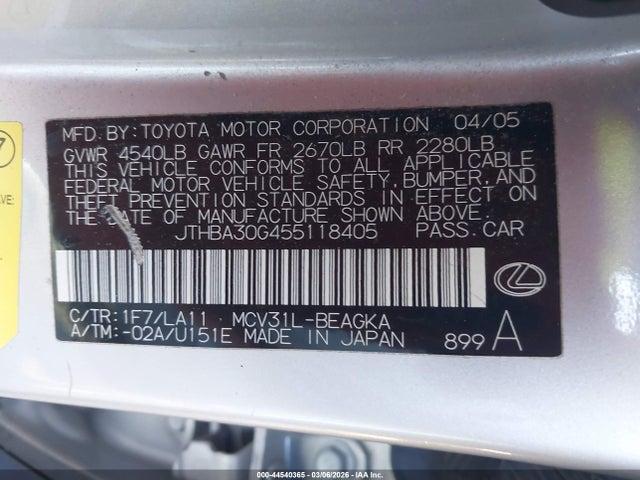 Продажа на аукционе авто 2005 Lexus Es 330, vin: JTHBA30G455118405, номер лота: 44540365
