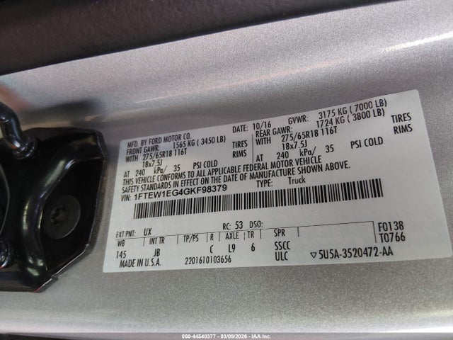 44540377 :رقم المزاد ، 1FTEW1EG4GKF98379 vin ، 2016 Ford F-150 Xlt مزاد بيع