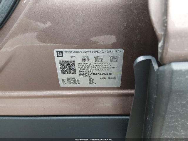 44540381 :رقم المزاد ، 3GNKBDRS5KS693648 vin ، 2019 Chevrolet Blazer مزاد بيع
