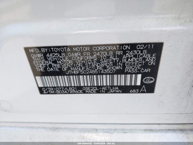 Продаж на аукціоні авто 2011 Lexus Is 250, vin: JTHBF5C24B5143507, номер лоту: 44540382