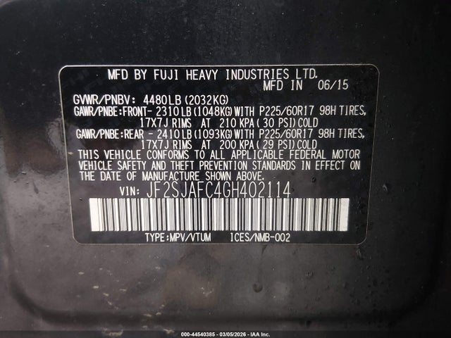 Продаж на аукціоні авто 2016 Subaru Forester 2.5i Premium, vin: JF2SJAFC4GH402114, номер лоту: 44540385