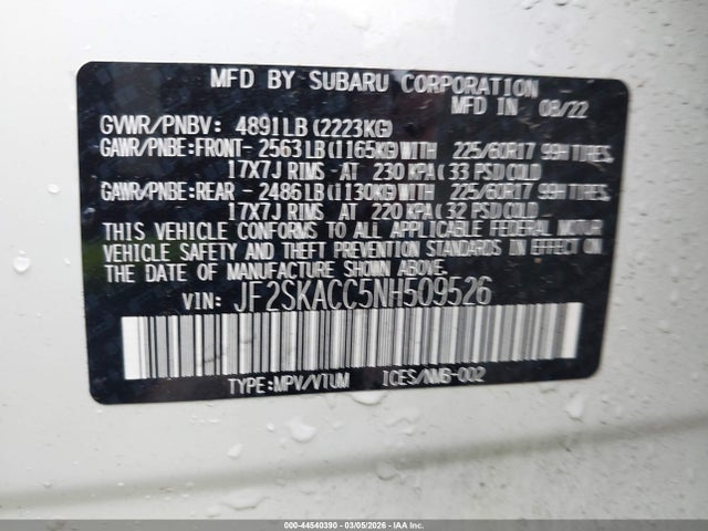 Продаж на аукціоні авто 2022 Subaru Forester, vin: JF2SKACC5NH509526, номер лоту: 44540390