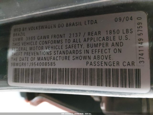 2005 Volkswagen Golf Gls Tdi მანქანა იყიდება აუქციონზე, vin: 9BWGR61J954008585, აუქციონის ნომერი: 44540414