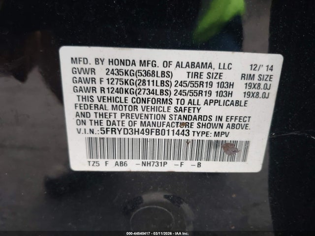 Aukcja sprzedaży 2015 Acura Mdx Technology Package, vin: 5FRYD3H49FB011443, numer aukcji: 44540417