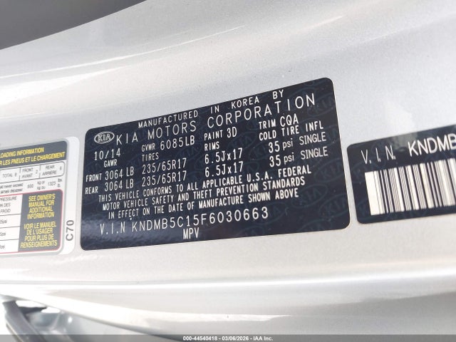 Aukcja sprzedaży 2015 Kia Sedona Lx, vin: KNDMB5C15F6030663, numer aukcji: 44540418