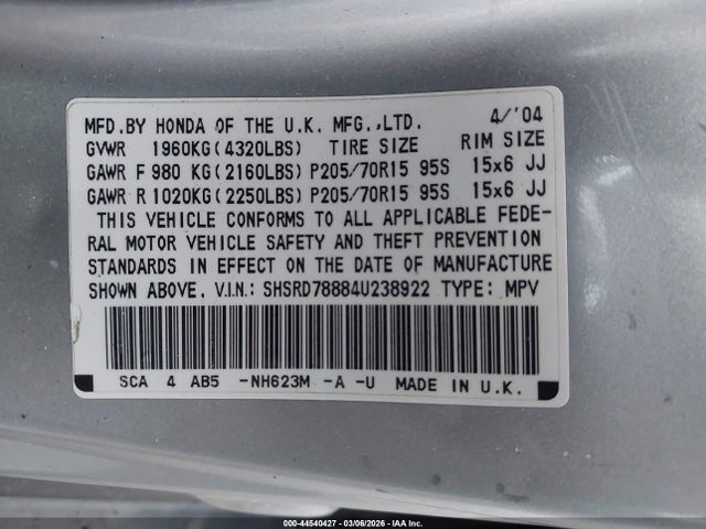 2004 HONDA CR-V SHSRD78884U238922 Photo 8