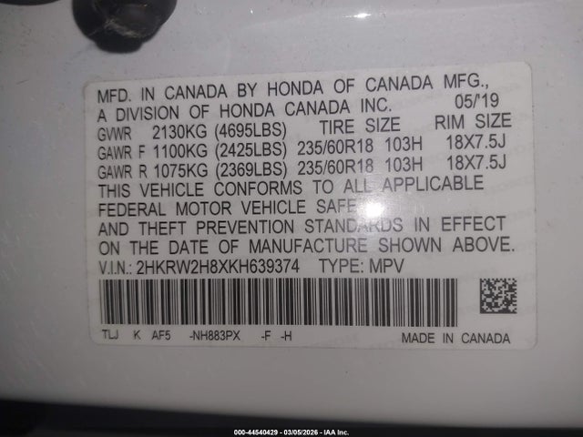 44540429 :رقم المزاد ، 2HKRW2H8XKH639374 vin ، 2019 Honda Cr-v Ex-l مزاد بيع