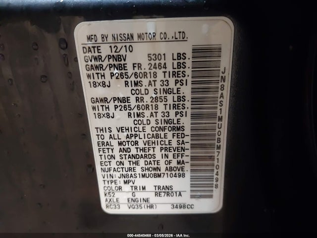 Aukcja sprzedaży 2011 Infiniti Fx35, vin: JN8AS1MU0BM710498, numer aukcji: 44540468