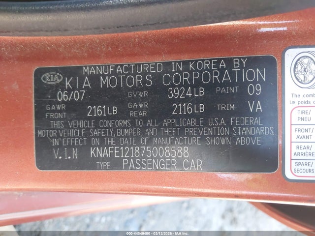 Продаж на аукціоні авто 2007 Kia Spectra Sx, vin: KNAFE121875008588, номер лоту: 44540480