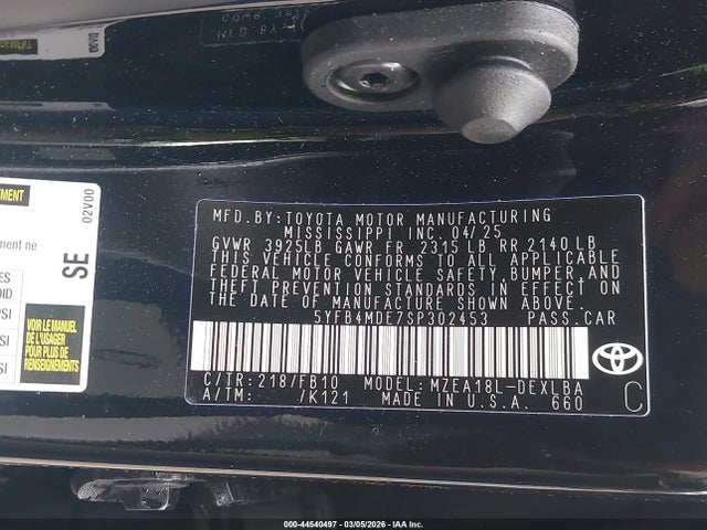 Aukcja sprzedaży 2025 Toyota Corolla Le, vin: 5YFB4MDE7SP302453, numer aukcji: 44540497