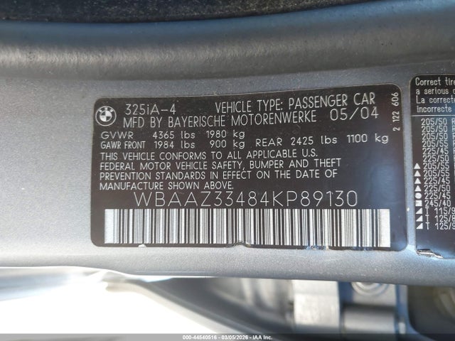 2004 Bmw 325i მანქანა იყიდება აუქციონზე, vin: WBAAZ33484KP89130, აუქციონის ნომერი: 44540516