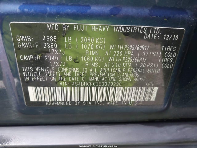 Auction sale of the 2011 Subaru Outback 2.5i Limited, vin: 4S4BRCKC3B3379290, lot number: 44540517