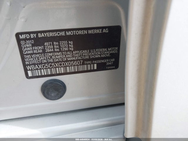 44540524 :رقم المزاد ، WBAXG5C5XCDX05607 vin ، 2012 Bmw 528i مزاد بيع