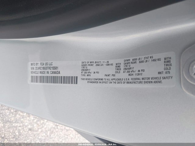 Aukcja sprzedaży 2026 Chrysler Pacifica Select, vin: 2C4RC1BG0TR215581, numer aukcji: 44540530