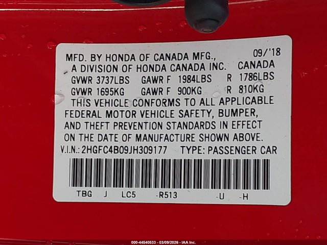 2HGFC4B09JH309177 Honda Civic Lx-p