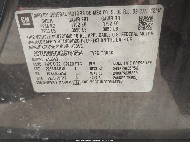 2016 Gmc Sierra 1500 Sle მანქანა იყიდება აუქციონზე, vin: 3GTU2MEC4GG164654, აუქციონის ნომერი: 44540549