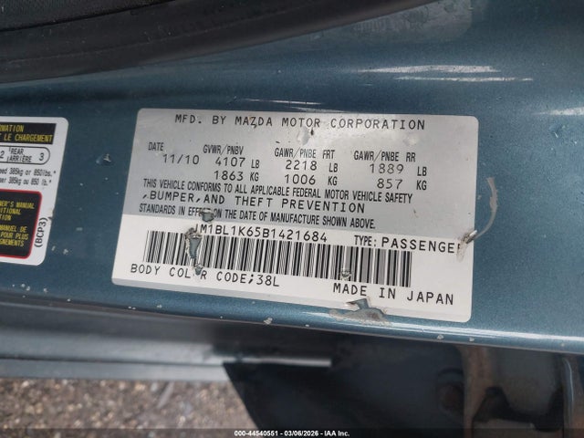 44540551 :رقم المزاد ، JM1BL1K65B1421684 vin ، 2011 Mazda Mazda3 S Sport مزاد بيع