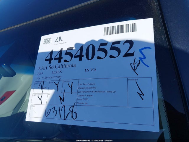 Aukcja sprzedaży 2009 Lexus Es 350, vin: JTHBJ46G092279497, numer aukcji: 44540552