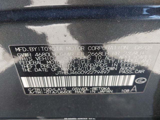 Aukcja sprzedaży 2009 Lexus Es 350, vin: JTHBJ46G092279497, numer aukcji: 44540552