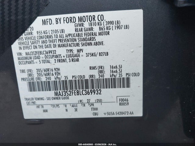 Продаж на аукціоні авто 2020 Ford Ecosport S, vin: MAJ3S2FE8LC369932, номер лоту: 44540565