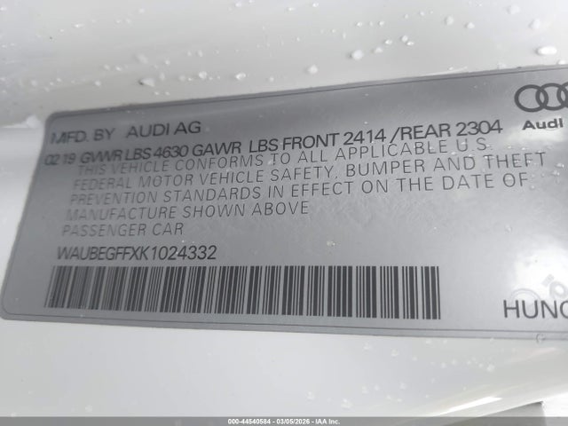 Продаж на аукціоні авто 2019 Audi A3 45 Premium, vin: WAUBEGFFXK1024332, номер лоту: 44540584