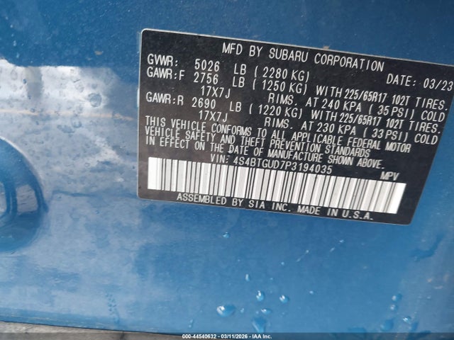 2023 Subaru Outback Wilderness მანქანა იყიდება აუქციონზე, vin: 4S4BTGUD7P3194035, აუქციონის ნომერი: 44540632