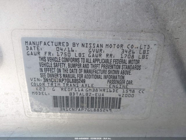 Nissan Versa 1.6 Sv 2016 3N1CN7AP7GL885249 Image 9