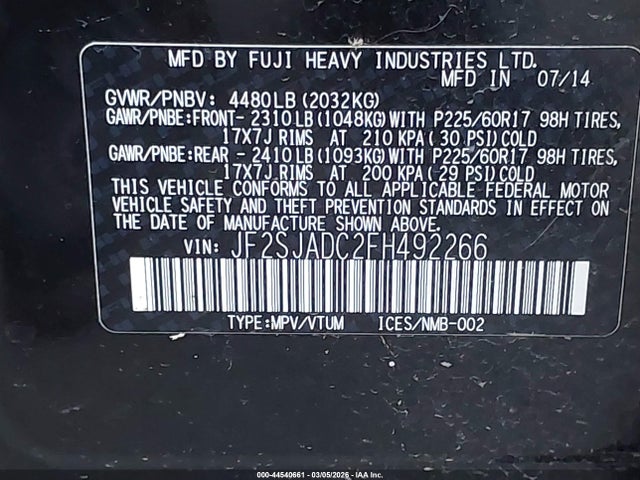 44540661 :رقم المزاد ، JF2SJADC2FH492266 vin ، 2015 Subaru Forester 2.5i Premium مزاد بيع