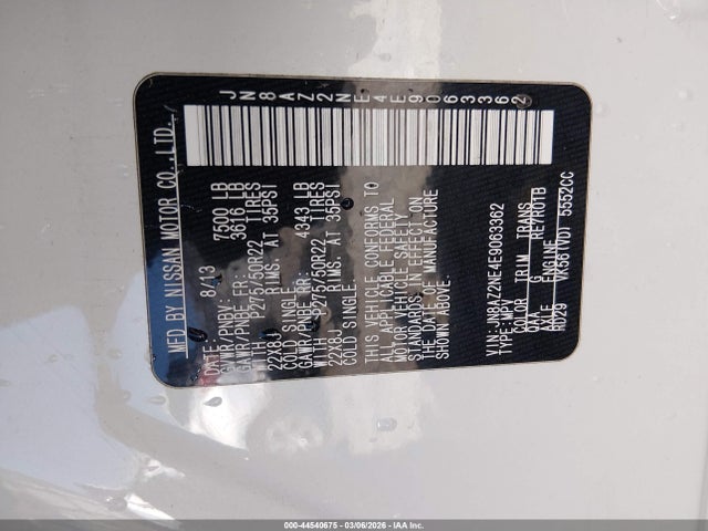Aukcja sprzedaży 2014 Infiniti Qx80, vin: JN8AZ2NE4E9063362, numer aukcji: 44540675