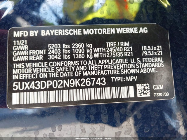 5UX43DP02N9K26743 BMW X3 Sdrive30i