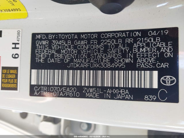 Aukcja sprzedaży 2019 Toyota Prius Xle, vin: JTDKARFUXK3084995, numer aukcji: 44540693