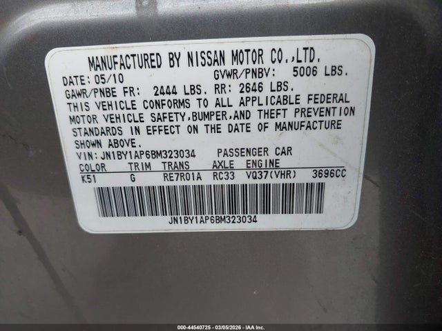 Продаж на аукціоні авто 2011 Infiniti M37, vin: JN1BY1AP6BM323034, номер лоту: 44540725